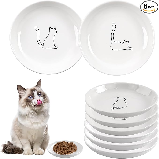6 Pack Cat Food Bowl, Ceramic Cat Bowls, Anti Whisker Fatigue Cats Bowl Set,5.5 Inches Shallow Wide Kitten Plates for Food and Water (White-B)