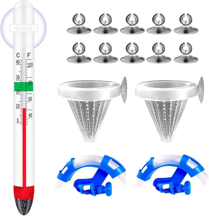 Delyle Aquarium Thermometer Glass Submersible Fish Tank Thermometer, 16-in-1 Aquarium Starter Kit Accessories with Suction Cups Filter Strainers Tube Clamps for Freshwater Saltwater Betta Tank