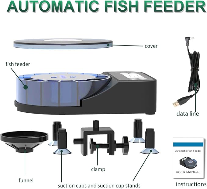 60ml Automatic Fish Feeder, USB Rechargeable Auto Fish Food Dispenser with Timer, LCD Display, Auto Vacation Timer