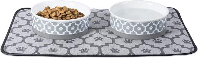 Bone Dry Paw Print Ceramic Pet Bowl, Lattice Collection, Medium Set, 6x2", Gray, 2 Count