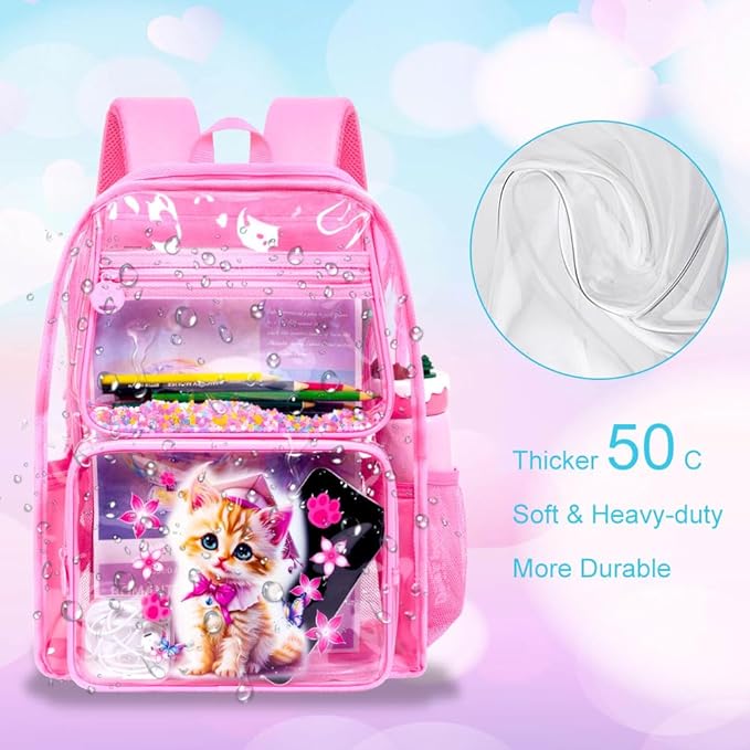 Clear Backpack for Girls and Boys, Kids Transparent Bookbag, 3PCS Cute See Through School Bag for Elementary Prechool