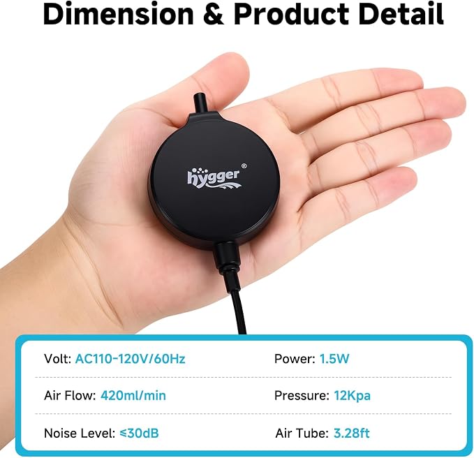 hygger 1.5 Watt Mini Aquarium Air Pump, Quiet Aerator with Air Stone Tubing Suction Cup Clip, Small Fish Tank Bubbler Oxygen Pump for 1 to 15 Gallon Betta Tank, Fish Bowl, Desk Small Tank