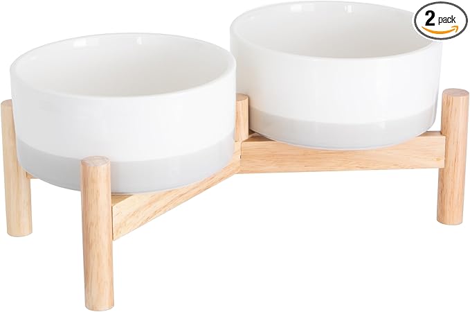Ilyapa Ceramic Dog Bowls - Elevated for Medium Sized Pet with Raised Food and Water Set - Gray Double 6 inch, 28 Oz Bowls & 13x6.3x5.5 Wooden Stand