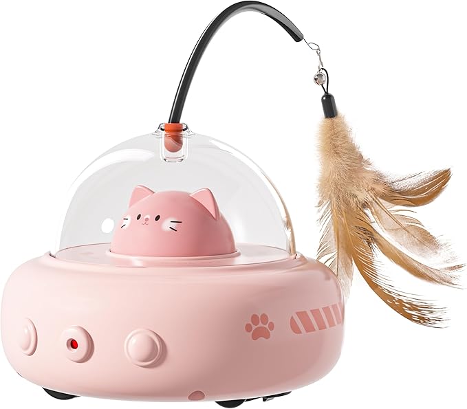 hooroor 2-in-1 UFO Laser Cat Toy with Feather, Automatic Motion Smart Sensor Interactive Toy for Indoor Cats&Small Dogs, Rechargeable Obstacle-Avoidance Exercise Toy, Self-Play Pet Gift Pink Updated