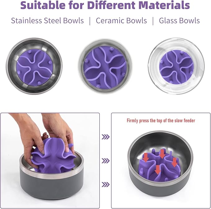 Jaoul Slow Feeder Dog Bowls Insert, Puzzle Slow Feeder Insert with 21 Octopus Suction Cups for Small Breed Dog Food Bowls (4 inch, Purple)