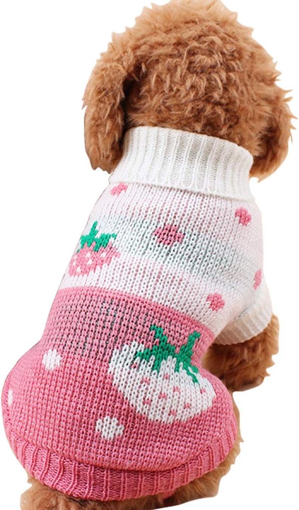 CHBORCHICEN Pet Dog Sweaters Classic Knitwear Turtleneck Winter Warm Puppy Clothing Cute Strawberry and Heart Doggie Sweater (Pink, Small)