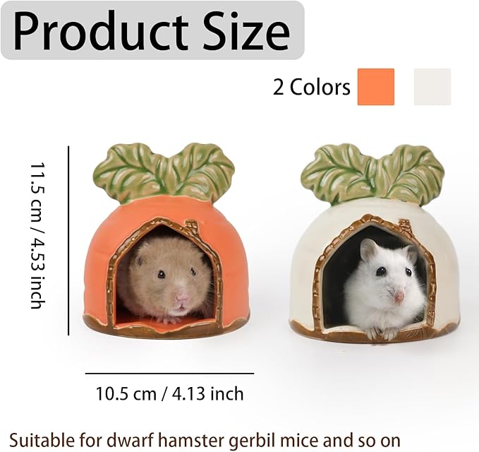 Ceramic Hamster Hideout, Hamster House and Habitat, Syrian Hamster Hideout Decor Cool Bed for All Season Gerbil, Mice Guinea Pig (White, Carrot)