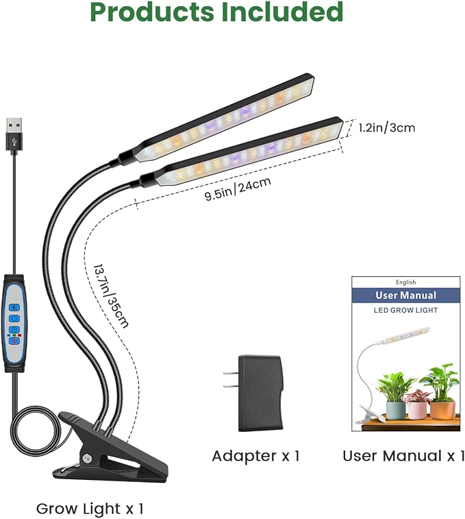 Kullsinss Clip-on Plant Lights for Indoor Growing, 114 LEDs 15W Grow Light | Black 2-Gooseneck Plant Lamp for Seed Starting, Full Spectrum Growing Lamp with Red Blue Yellow White LEDs, Timer & Dimmable