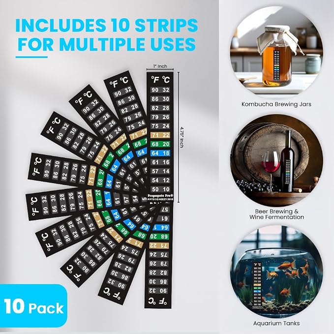 Stick On Thermometer Strip, 50-90F, 10-32C, Vertical, 10-Pack | For Fish Tanks, Aquarium Thermometer, Kombucha, Beer and Wine Fermentation, Vertical Temp Strips, Color-Changing Display