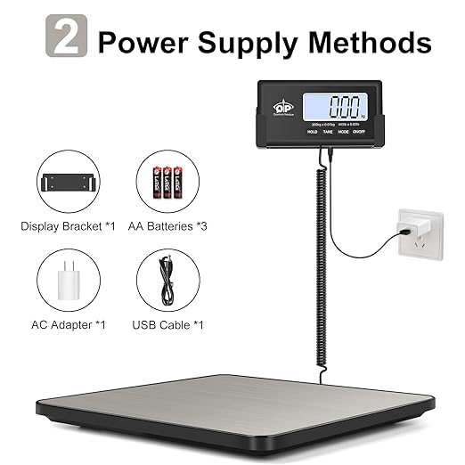 QP Shipping Scale for Packages, 440lb/0.35oz High Accuracy Digital Postal Scale, Postage Scale, Hold/Tare Function, Auto Off LCD Display, Lightweight Scale for Luggage/Pet, Battery&AC Adapter Included