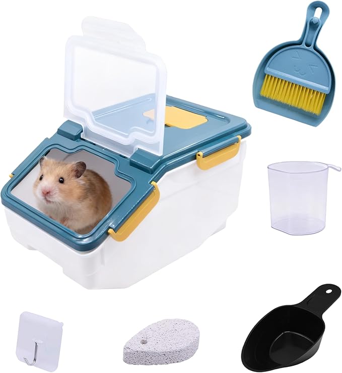 Large Chinchilla Sand Bath Container Kit with Sand Cup & Shovel | Plastic Dust Bath House for Hamster, Hedgehog, Guinea Pig, Squirrel & Small Animals | Pet Room (Blue)