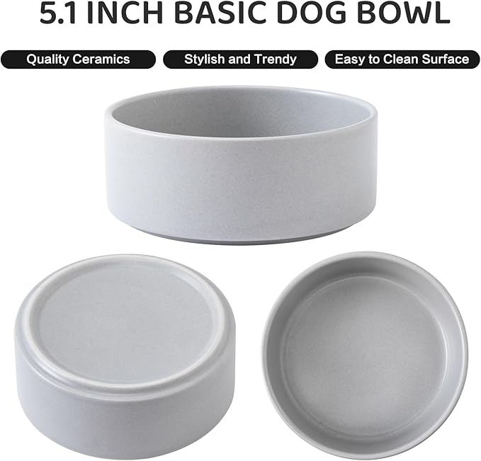 Ceramic Set of 2 Dog and Cat Bowls - Classic Food & Water Bowl for Kitty, Cats and Toy Breed Dogs, Weighted Dog Dishes, Food Grade Pet Bowl, Dishwasher & Microwave Safe (5.1'', 2*16OZ, Grey)