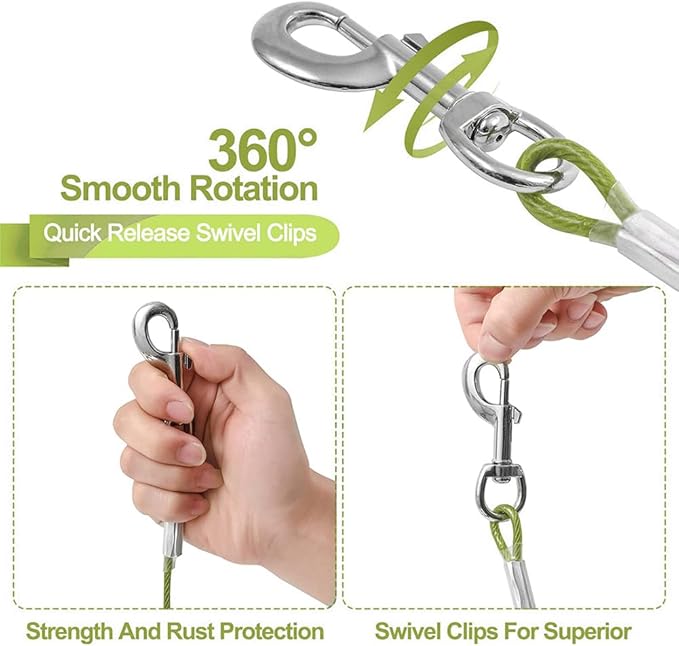 Tie Out Cable for Dogs,10/20/30/50/100FT Dog Leads for Yard Chew Proof,Heavy Duty Tie Out Cable for Large Dogs Up to 125lbs,Dog Runner Tether (Green, 125Ibs 30ft)