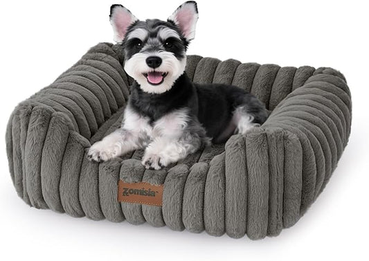 ZOMISIA Small Dog Beds for Small Dogs - Washable Cat Beds for Indoor Cats, Rectangle Orthopedic Puppy Bed with Fluffy Removable Cover, 20x19x7inches, Grey