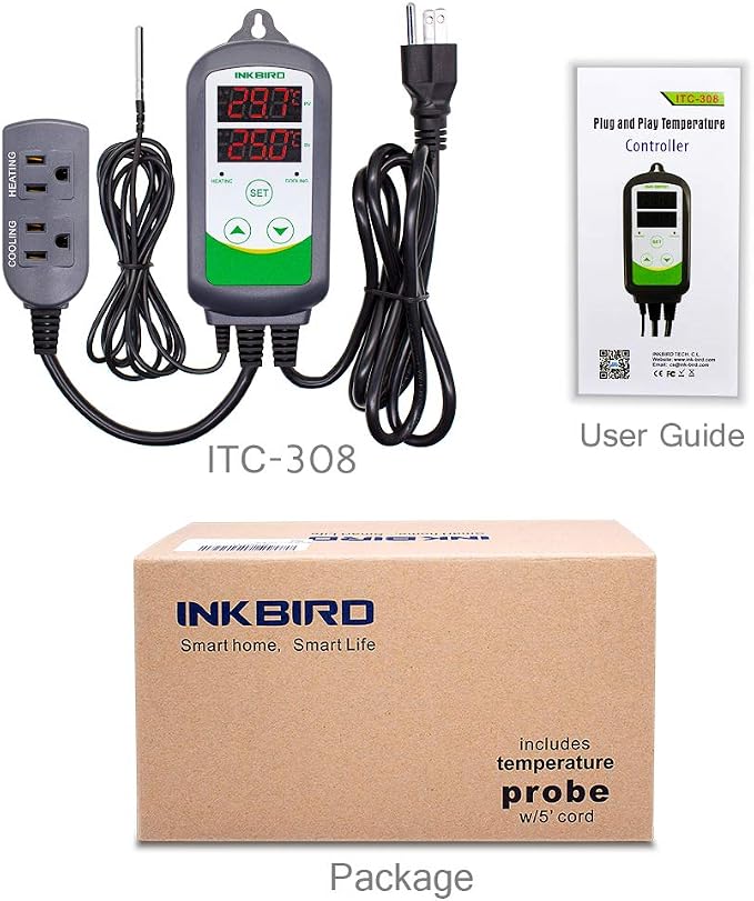 Inkbird ITC-308 Digital Temperature Controller Thermostat | 110V 10A 1100W 2-Stage Outlet with Heating and Cooling Mode for Carboy Homebrew Fermenter Greenhouse Terrarium
