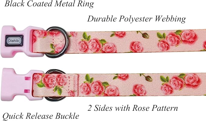 Dog Collar Leash Set, Floral Pattern, Polyester Material, Adjustable Collar and 5ft Matching Leash, for Small Dogs.(S, Pink Rose)