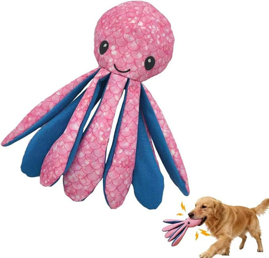 10.24" Recycled Canvas Octopus Squeaky Dog Toy, Durable Stuffed Chew Toy for Puppy Teething, Interactive Play for Small Medium Large Dogs, Pink Blue