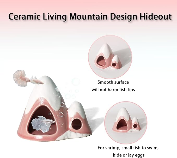 Cute Pink Aquarium Decor Ceramic Mountain Betta Fish Tank Cave | Smooth-Surface Safe for Fish Hiding & Breeding, Easy-Clean, No Assembly, for Play & Rest,Fits 3.5-5 Gallon Fish Tanks