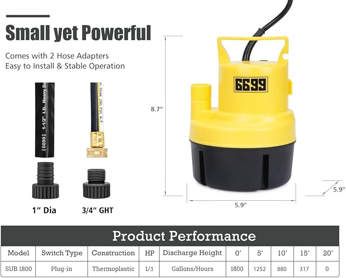 Submersible Sump Pump 1/3 HP 1800GPH Utility Pump Thermoplastic Electric Portable Transfer Water Pump with 10-Foot Cord for Pool Tub Garden Pond Draining Tankless Heater Flushing