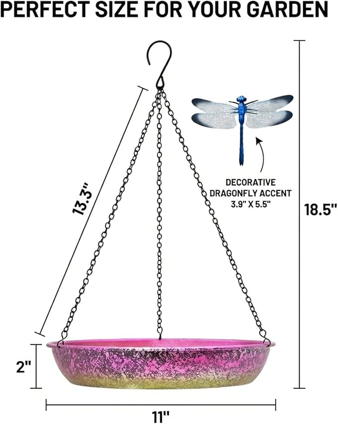 Hanging Bird Bath for Outside Iridescent Metal Feeder Tray with Hand-Painted Pink and Green Gradient 11" Decorative Birdbath for Wild Birds to Bathe & Drink Garden Decor for Patio & Yard