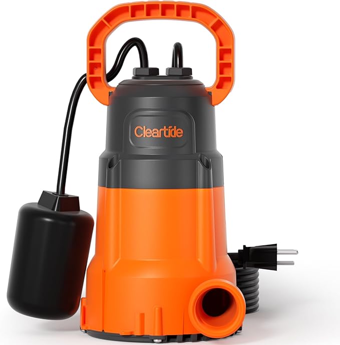 Cleartide Submersible Water Utility Pump with Float Switch, 8160 LPH High Flow,100% Copper Motor, Ideal for Yard and Flooded Cellar, Hot Tub, Garden Irrigation,10 FT Cord