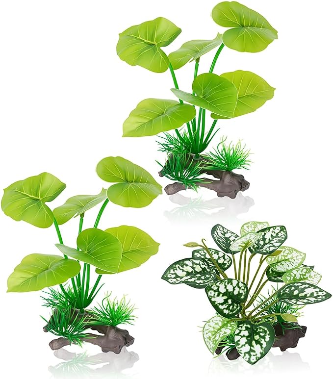 3-Pack Realistic Weighted Aquarium Plants Set for Betta Fish Tank with Base | Plastic weighted base, 2x6in & 1x5in, silk-like soft leaves, for betta tanks, reptile/terrariums, aquascaping, fade resistant