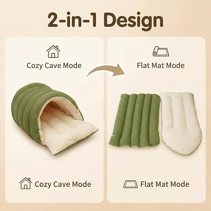 Cat Cave Bed for Indoor, Cat Sleeping Bag,2-in-1 Detachable Cat Bed with Zipper & Snap Buttons, Washable Covered Kitty Tent with Soft Arctic Fleece, Warm Calming Pet Bed for Small Dogs & Cats(Green)