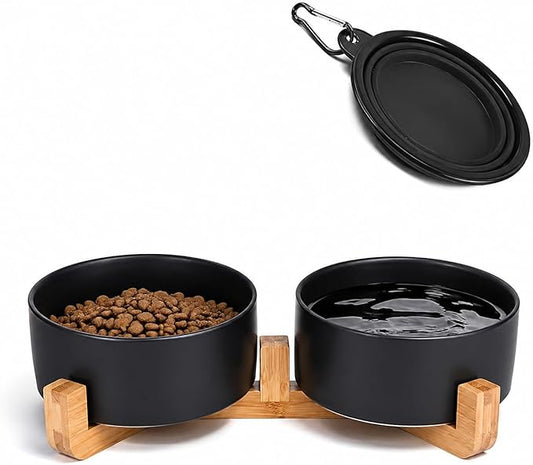 Petygooing Ceramic Dog Cat Bowls Set with Stand,Black Pet Food and Water Bowl,Small Dog Bowls Cute Modern Anti Slip Set of 2 Pet Feeder Small Size Pet Dish(13.5OZ/5.1 in)
