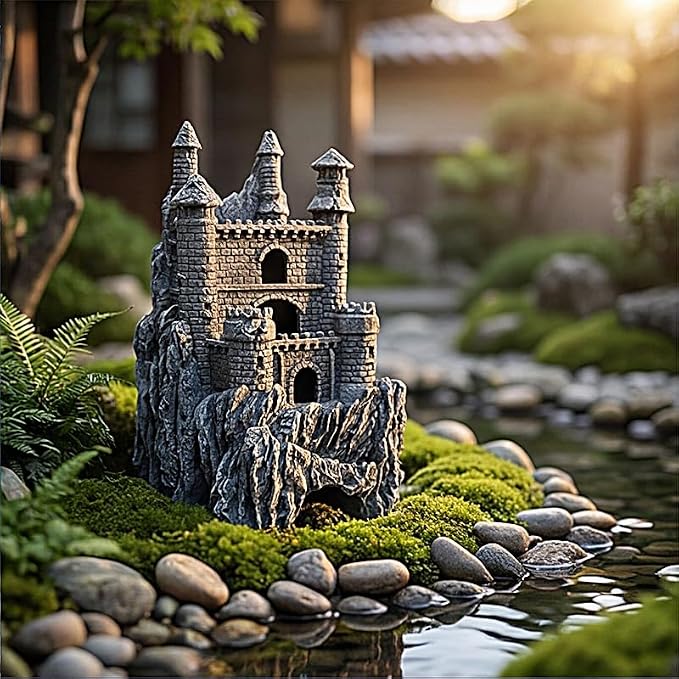 Teaeeno Age-of-Magic Wizard’s Castle Aquarium Décor-Resin for Freshwater and Saltwater Fish Tanks-Large House Ornament Kit -Cute Fish Tank Decor Aquarium Decor-Charming Castle Decor Statue(Stone)