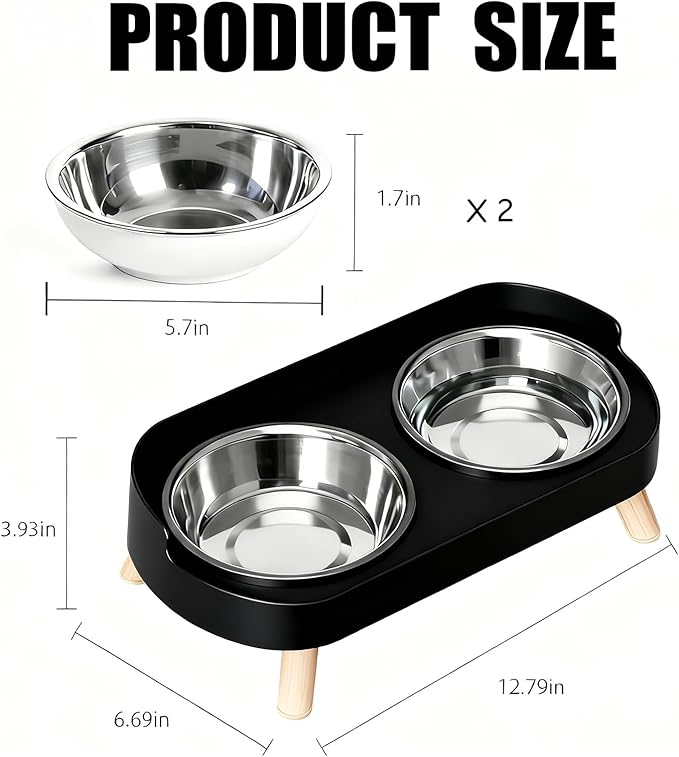 Elevated Cat Bowls, 2 Stainless Steel Raised Cat Food and Water Bowl Set, Splash Proof & Non-Slip, Whisker Fatigue Friendly, Dishwasher Safe for Cats and Small Dogs - Black