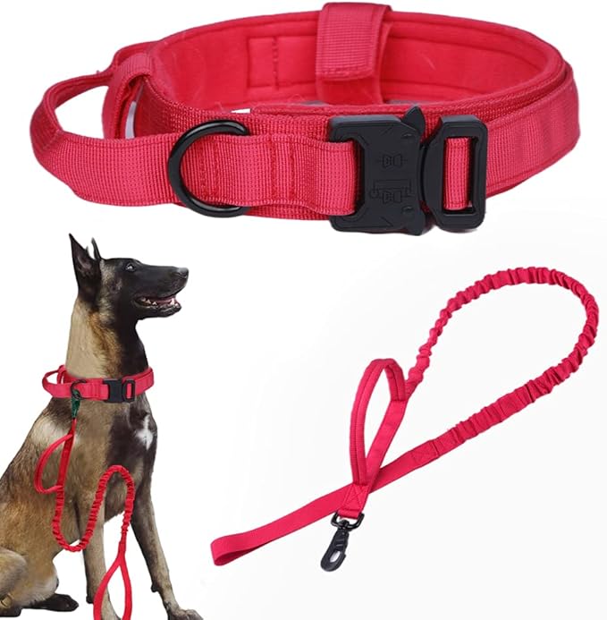 Xqpetlihai Tactical Dog Collar and Leash Set Adjustable Military Nylon Dog Collar with Control Handle and Heavy Duty Metal Buckle for Large Dogs（Red XL
