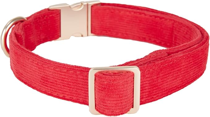 Soft Cotton Dog Collar with Metal Buckle Adjustable Heavy Duty Comfy Corduroy Collars for Small Medium Large Dogs,Red,Medium