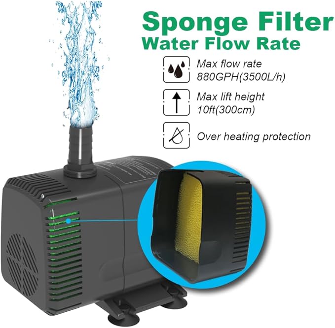 Knifel Submersible Pump 880GPH (3500L/H 60W) Ultra Quiet with Over Heating Protection 10.2ft High Lift for Fountains, Hydroponics, Ponds, Aquariums & More…
