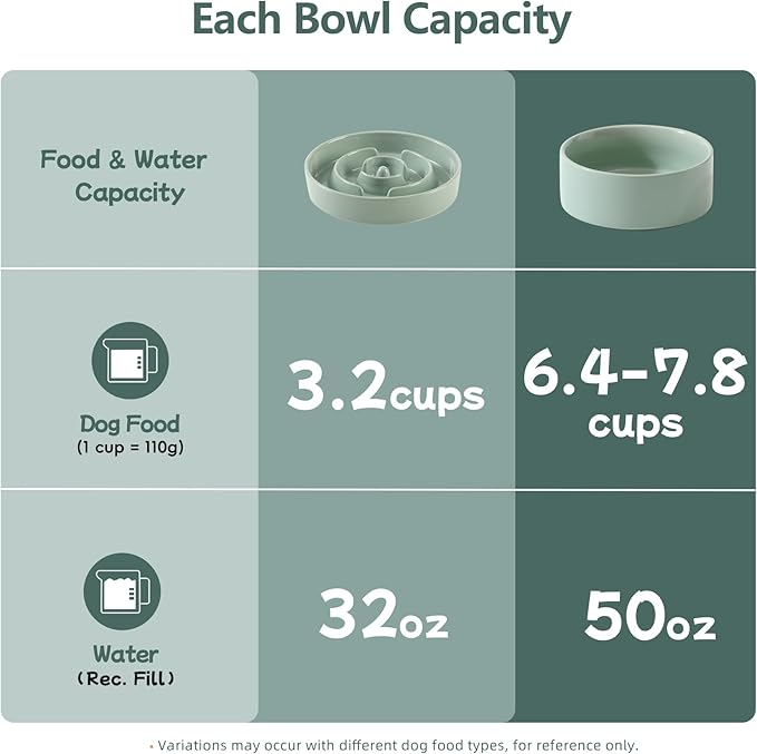 Havniva 3.2 Cup Ceramic Raised Slow Feeder Dog Bowl Set, Elevated 8.2inch Bowl and 9.5inch Puzzle Slow Food Dish with Wooden Stand for Large Dog, Anti-Gulping (2 x Light Green+ Stand)