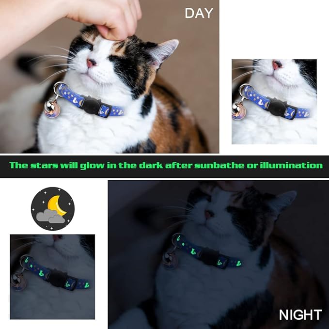 Baeuppit 2PCS Breakaway Cat Collars with Bell Cute Kitty Glow in The Dark Adjustable Kitten Collars 7.9-13.0 Inch(Bule&Black)
