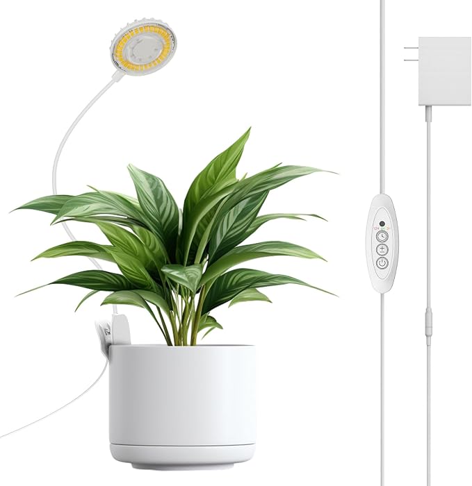 Mini Grow Light for Indoor Plants, 12W Clip-On LED, White | 4000K Full Spectrum, Flexible Gooseneck, 3/6/12H Timer, 4 Dimmable Levels