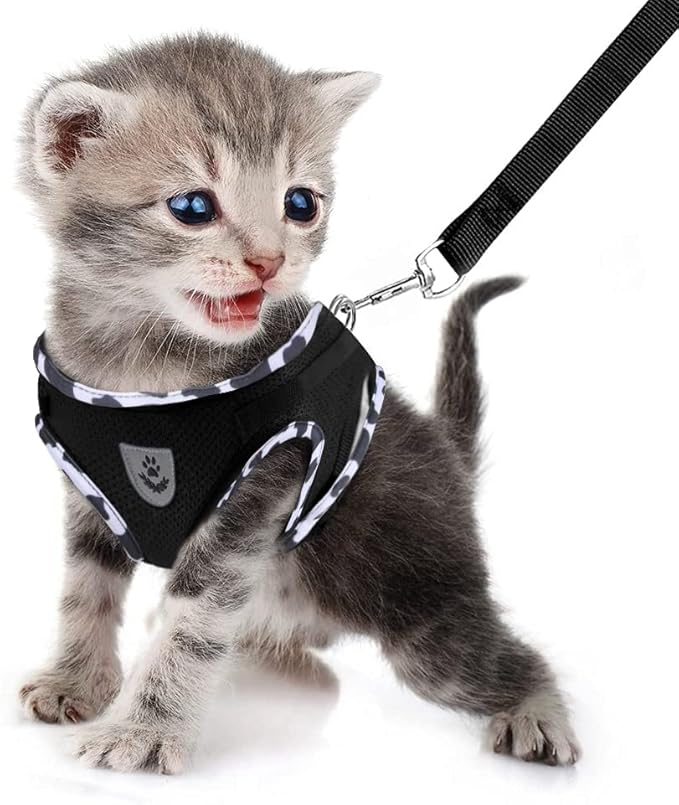 FEimaX Dog Harness and Leash Set for Walking, Soft Mesh Adjustable Easy Control Lightweight Cat Vest Harnesses with Reflective Strips, Escape Proof Small Dogs Cats Vests (Cowblack, X-Small)