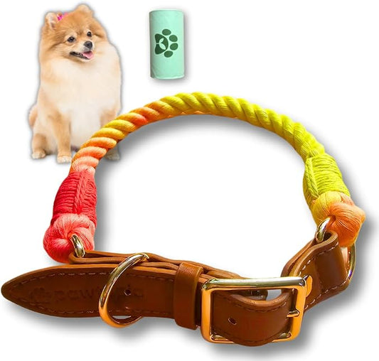 Pawtopia Cotton Braided Rope Collar for Small Dogs, Vegan Leather Handle (Brown) with One Complimentary Roll of Dog Poop Bags (15 Bags), Durable Metal Buckle (Vivid Rainbow Color, Small)