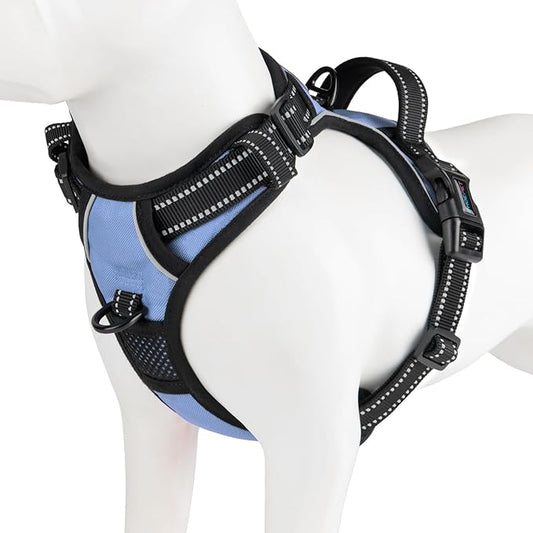 PHOEPET No Pull Dog Harness Reflective Adjustable with 2 Metal Leash Hooks and Soft Training Handle [Over The Head Design](M, Baby Blue)