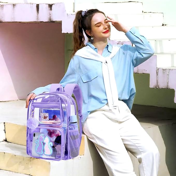 AGSDON 3PCS Clear Backpack for Girls, Kids Cat Transparent Backpack with Heavy Duty PVC, See Through Backpacks with Lunch Bag-Purple
