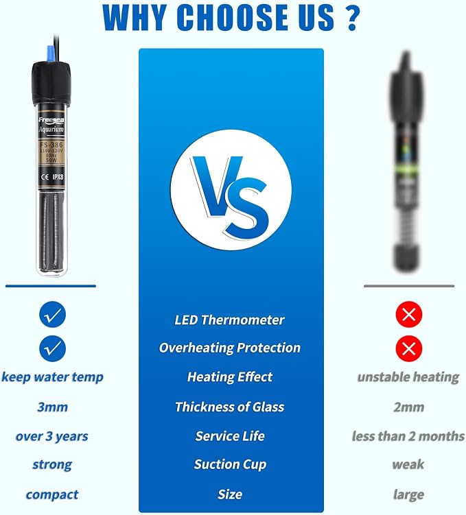 FREESEA 100 Watt Aquarium Fish Tank Heater with Aquarium Submersible Thermometer | 100W Powered - Stable Temperature Maintain Fish Tanks Warm in Winter - Overheat Protection & Thermometer Included