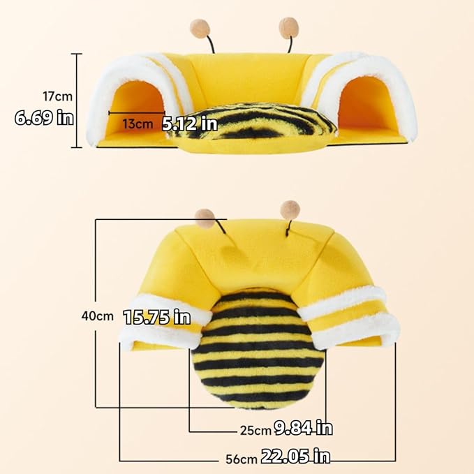 Warm Rabbit Hideout Tunnel Bed, Cute Bee Shape, Soft Removable Guinea Pig Tunnels and Tubes for Cage, Sturdy Small Animal Tunnel for Rat, Hamster Hedgehog, Chinchilla