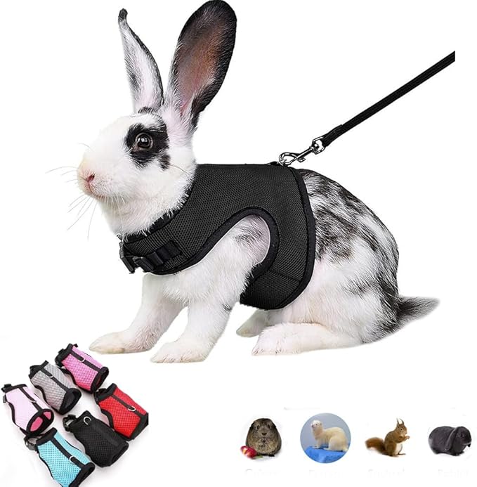 Rabbit Harness with Leash Escape Proof, Soft Bunny Mesh Vest Adjustable Buckle for Ferret Guinea Pig Hamster Walking Small Animal Pets Rat, Black L