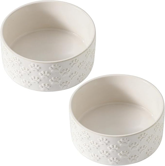 UBEE Ceramic Dog Bowl Set of 2, Dog Food Bowl Dish, Pet Food Water Dish Feeding for Small and Meidum Dogs and Large Cat, White, Paw Pattern, 6.1 in-Medium