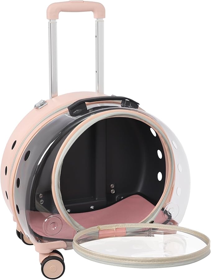 Cat Carrier with Wheels, Breathable Cat Rolling Carrier with Telescopic Handle, Bubble Cat Backpack Carrier, Pet Travel Bag for Small Dogs Pets, up to 19lbs, 15.7" x 10.6" x 17.7" (Pink)