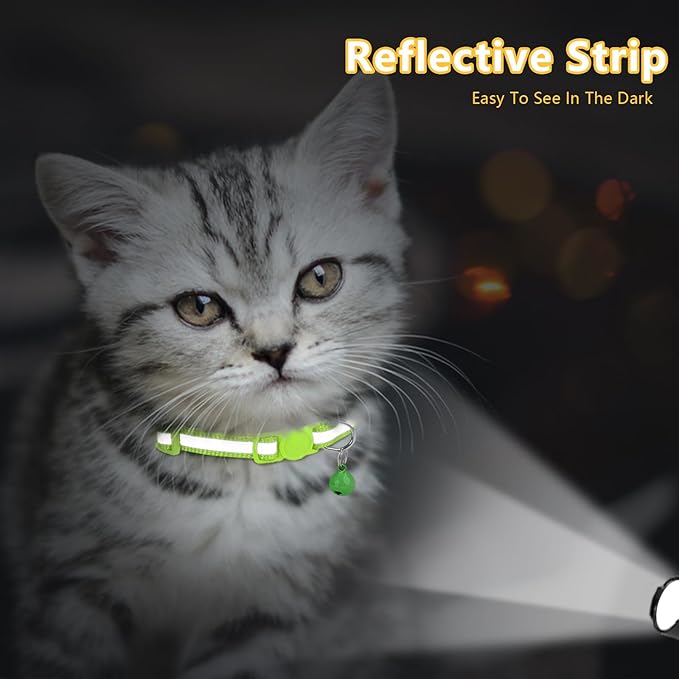 Taglory Kitten Collar Breakaway with Bell, Reflective Soft Cat Collar for Small Kittens, Adjustable 6-8 Inch High Visibility Night Strip, Lightweight for 2-6 Months Baby Cats, 2 Pack, Green
