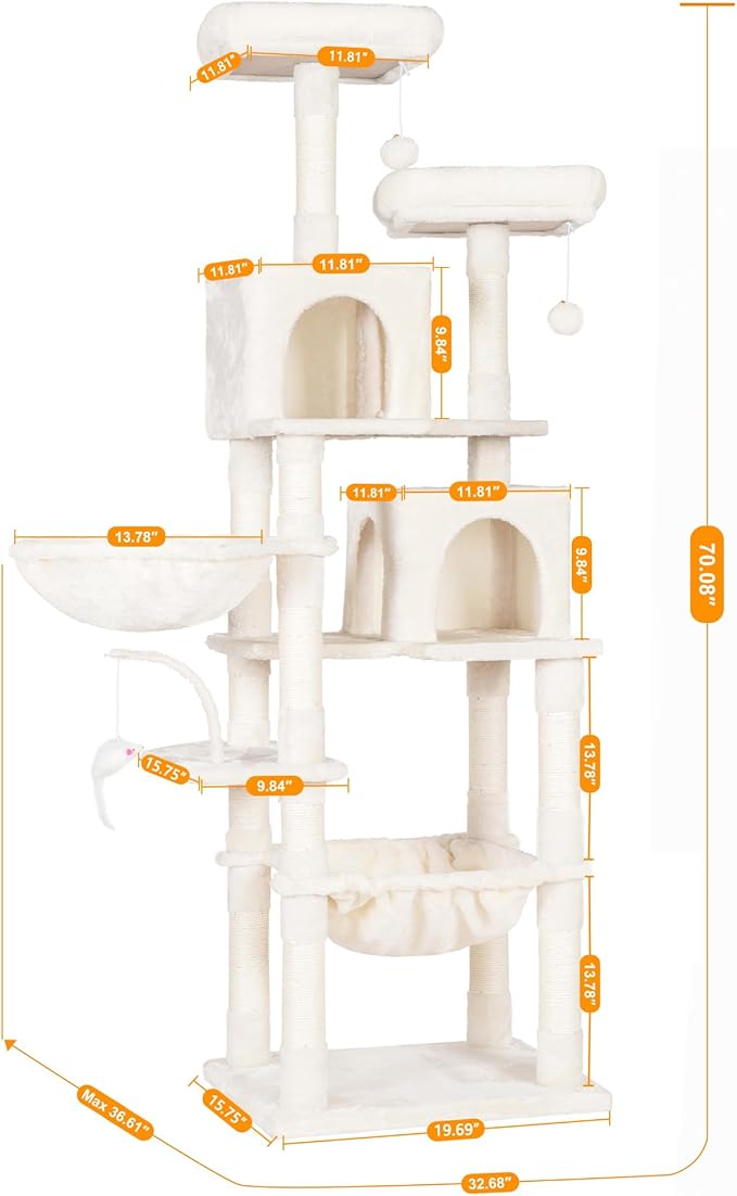 Heybly Cat Tree, 70 inches Tall Cat Tower Condo with Toy for Indoor Large Cats, Cat House Furniture with Padded Plush Perch, Cozy Hammock and Sisal Scratching Posts, Beige HCT032M