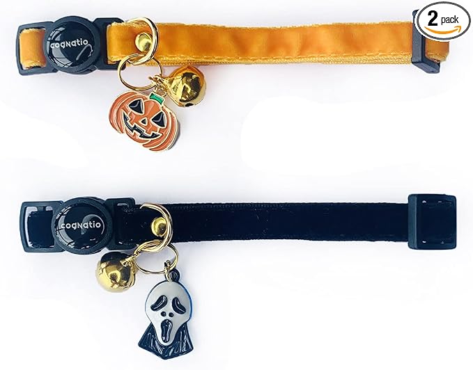 Safety Quick Release Cat Collars,Double Velvet with Bell Available in a Range Colors,Perfect for Your Kitty, Adjustable 20-30 cm (20-30cm, Halloween Set)