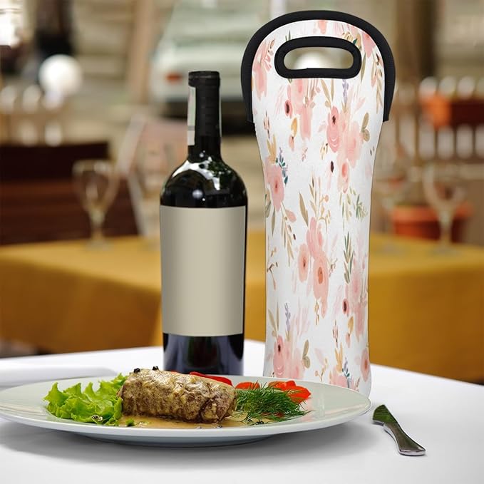 Rose Flower Floral Wine Bag Single Bottle Wine Tote Bag Neoprene Wine Carrier Bags with Carry Handle Portable Wine Bottle Holder for Travel Party Picnic