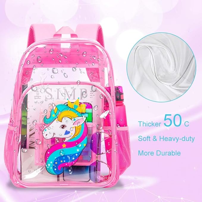 AGSDON 3PCS Clear Backpack for Girls, Kids Unicorn Transparent Bookbag Heavy Duty, Cute See Through Backpacks with Lunch Bag - Pink